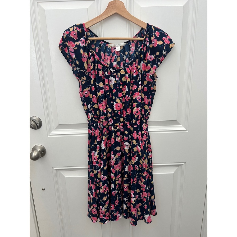 LC Lauren‎ Conrad Navy Blue Floral Fit and Flare Dress Pink Yellow Size S